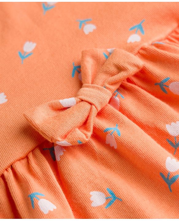 Babyhug Single Jersey Knit Half Sleeves Floral Printed Frocks With Bow Applique Pack Of 2 - Orange & Yellow