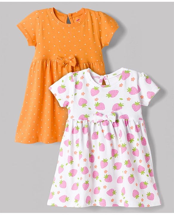 Babyhug Single Jersey Knit Half Sleeves Polka Dots & Strawberry Printed Frocks With Bow Applique Pack Of 2 - Orange & White