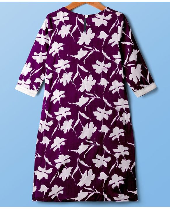 Pine Kids Cotton Woven Three Fourth Sleeves Floral Printed Kurti Churidar Set with Dupatta - Violet