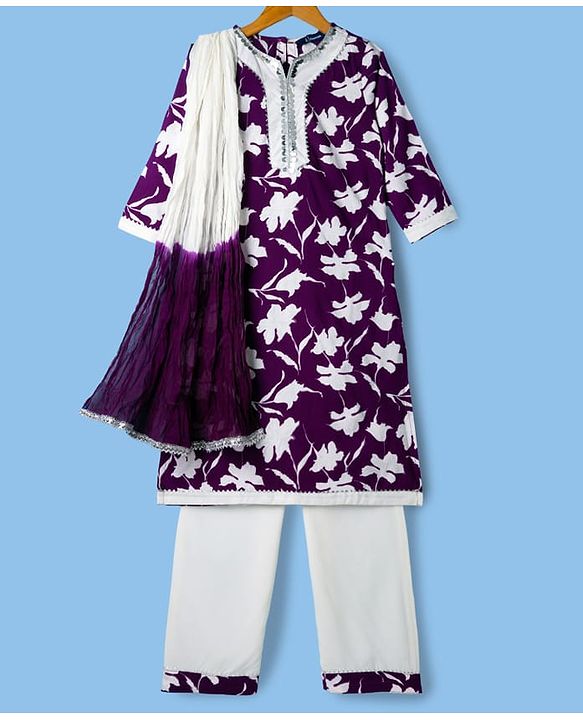 Pine Kids Cotton Woven Three Fourth Sleeves Floral Printed Kurti Churidar Set with Dupatta - Violet