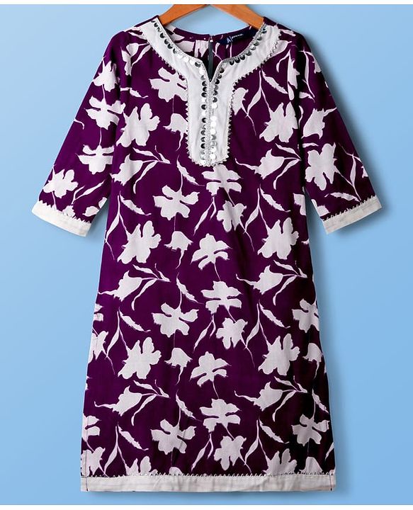 Pine Kids Cotton Woven Three Fourth Sleeves Floral Printed Kurti Churidar Set with Dupatta - Violet