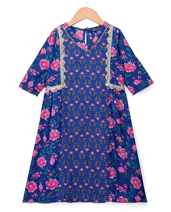 Pine Kids Cotton Woven Three Fourth Sleeves Kurti & Salwar Set with Floral Print - Blue