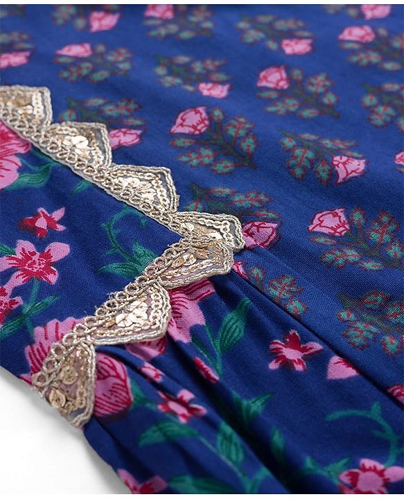 Pine Kids Cotton Woven Three Fourth Sleeves Kurti & Salwar Set with Floral Print - Blue