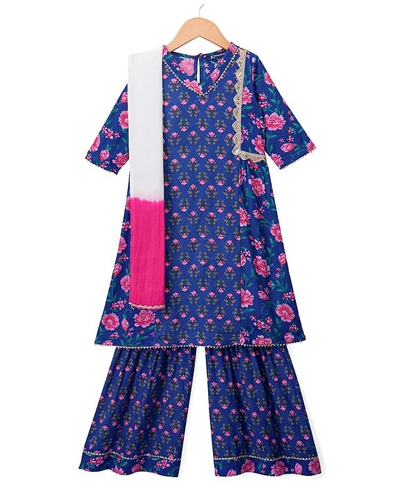 Pine Kids Cotton Woven Three Fourth Sleeves Kurti & Salwar Set with Floral Print - Blue