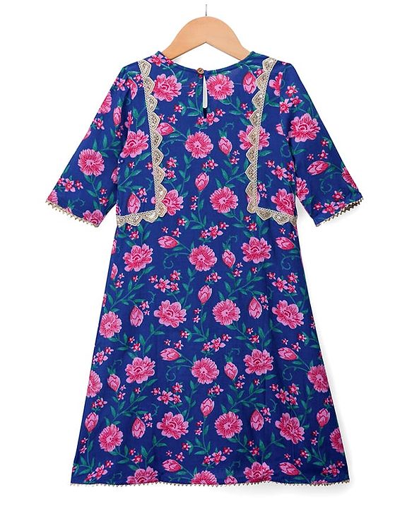 Pine Kids Cotton Woven Three Fourth Sleeves Kurti & Salwar Set with Floral Print - Blue