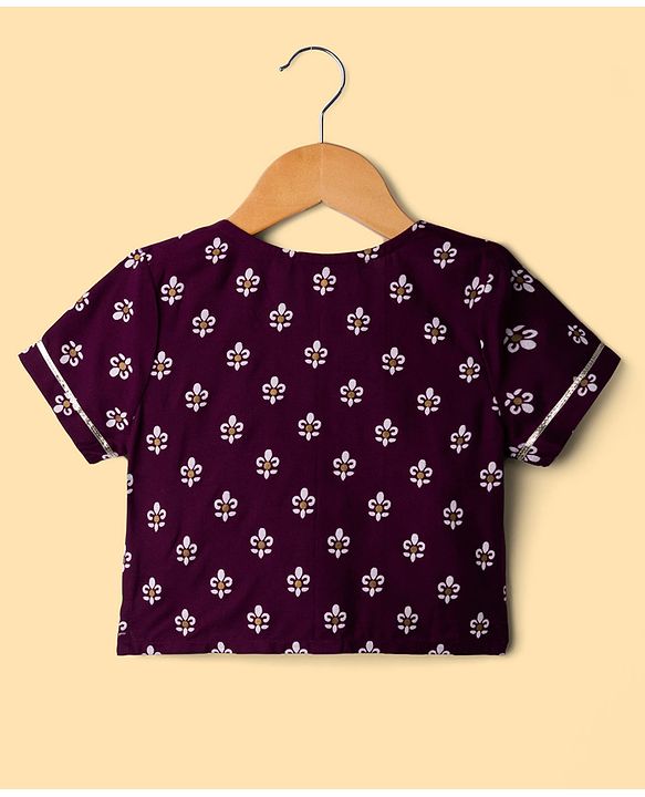 Pine Kids Woven Lehenga Choli and Dupatta with Half Sleeves and Floral Print - Violet