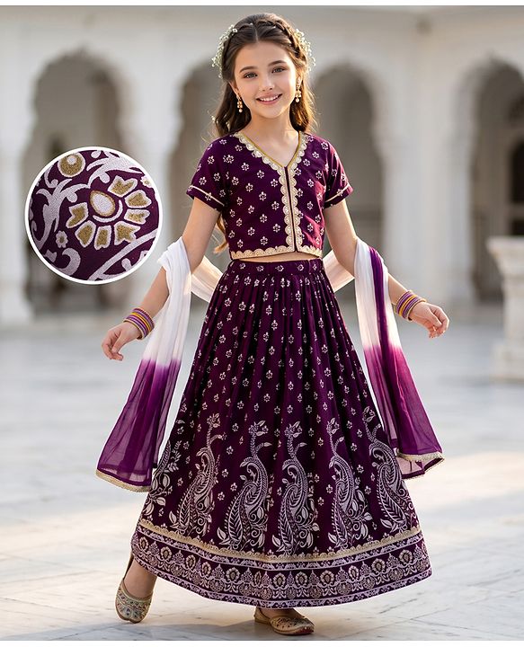 Pine Kids Woven Lehenga Choli and Dupatta with Half Sleeves and Floral Print - Violet