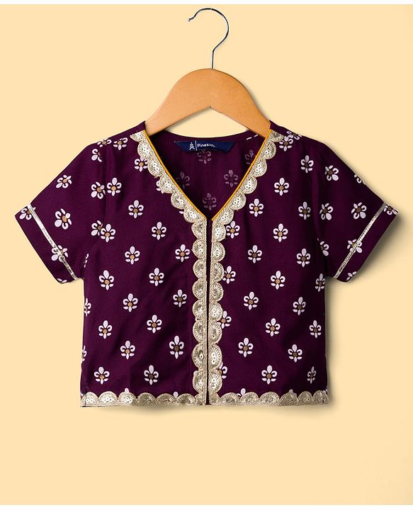 Pine Kids Woven Lehenga Choli and Dupatta with Half Sleeves and Floral Print - Violet