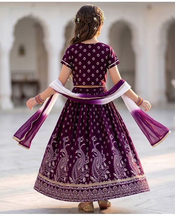 Pine Kids Woven Lehenga Choli and Dupatta with Half Sleeves and Floral Print - Violet