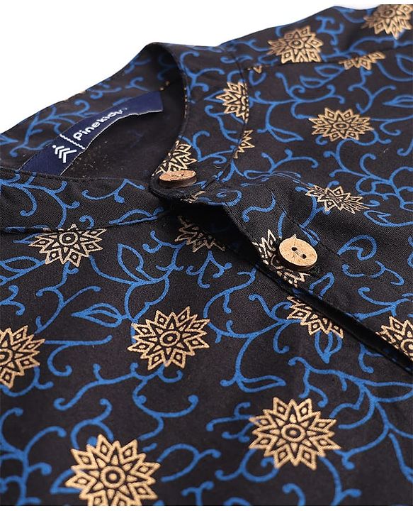 Pine kids 100% Cotton Woven Full Sleeves Floral Foil Printed Kurta - Navy Blue