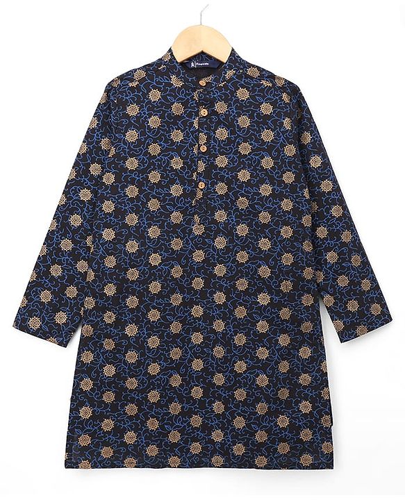 Pine kids 100% Cotton Woven Full Sleeves Floral Foil Printed Kurta - Navy Blue