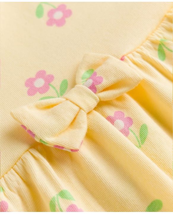 Babyhug Single Jersey Knit Half Sleeves Striped & Floral Printed Frocks With Bow Applique Pack Of 2 - Pink & Yellow