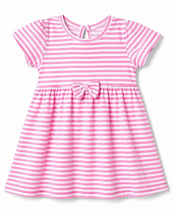 Babyhug Single Jersey Knit Half Sleeves Striped & Floral Printed Frocks With Bow Applique Pack Of 2 - Pink & Yellow