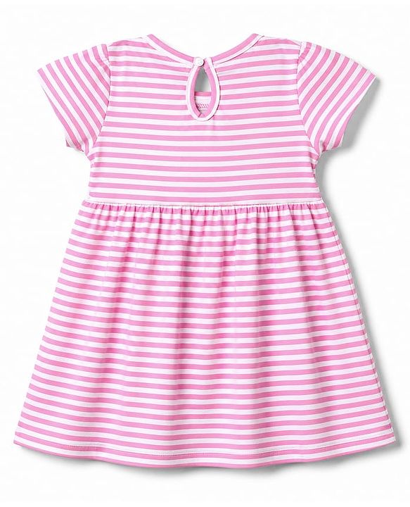 Babyhug Single Jersey Knit Half Sleeves Striped & Floral Printed Frocks With Bow Applique Pack Of 2 - Pink & Yellow
