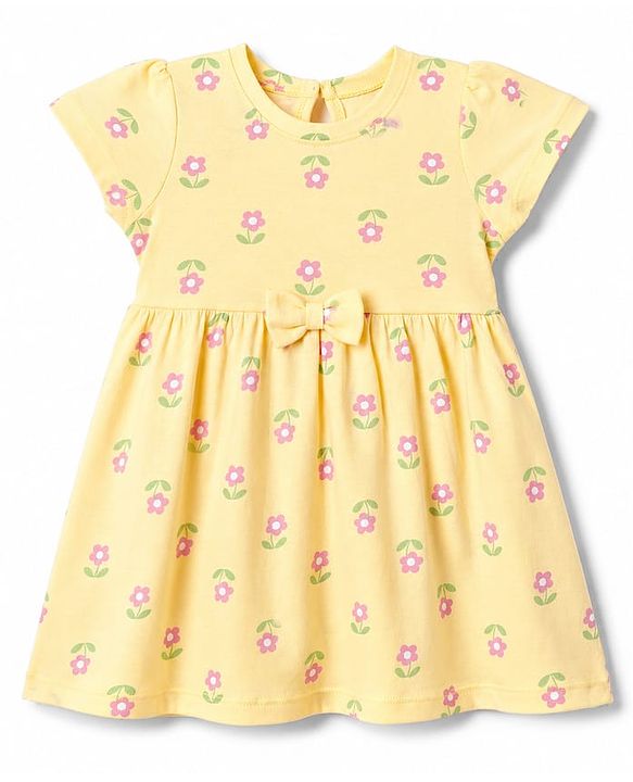 Babyhug Single Jersey Knit Half Sleeves Striped & Floral Printed Frocks With Bow Applique Pack Of 2 - Pink & Yellow