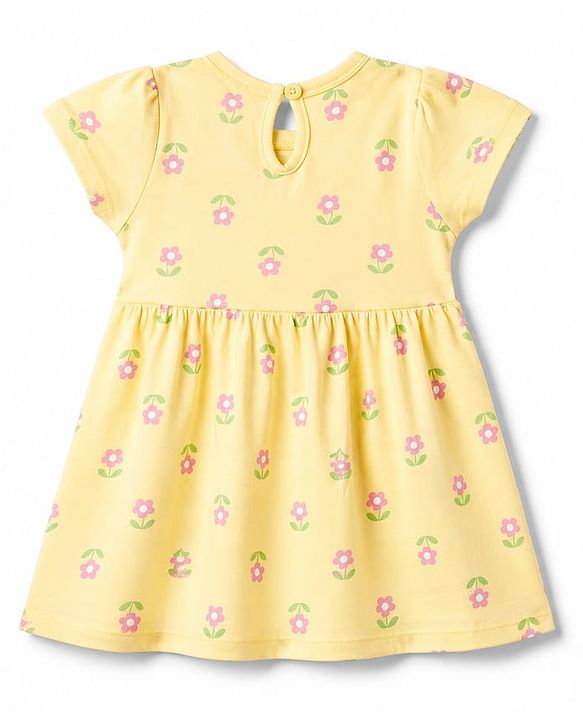 Babyhug Single Jersey Knit Half Sleeves Striped & Floral Printed Frocks With Bow Applique Pack Of 2 - Pink & Yellow