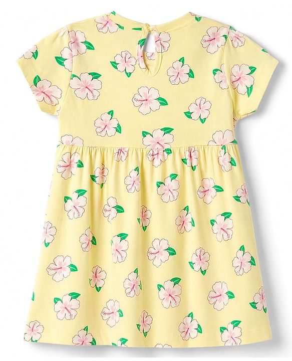 Babyhug Single Jersey Knit Half Sleeves Floral & Text Printed Frocks With Bow Applique Pack Of 2 - Yellow & Dark Pink