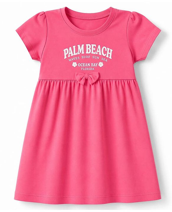 Babyhug Single Jersey Knit Half Sleeves Floral & Text Printed Frocks With Bow Applique Pack Of 2 - Yellow & Dark Pink
