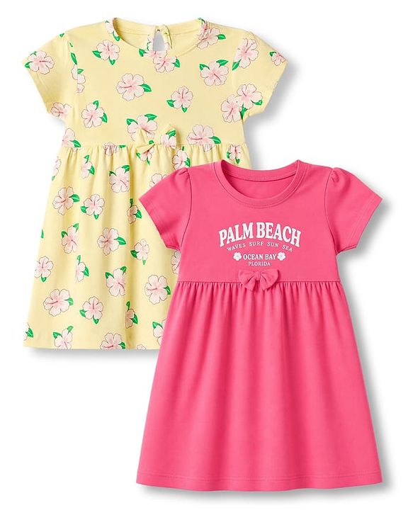 Babyhug Single Jersey Knit Half Sleeves Floral & Text Printed Frocks With Bow Applique Pack Of 2 - Yellow & Dark Pink