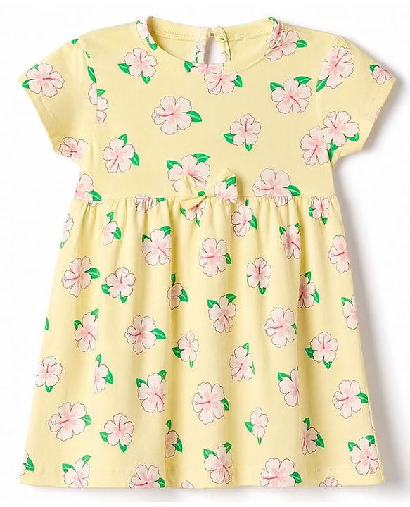 Babyhug Single Jersey Knit Half Sleeves Floral & Text Printed Frocks With Bow Applique Pack Of 2 - Yellow & Dark Pink