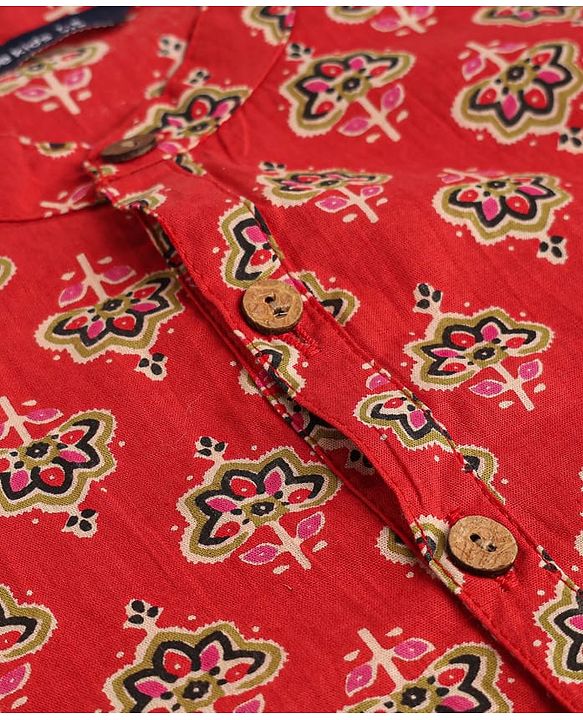 Pine Kids Cotton Woven Full Sleeves Kurta With Floral Print - Red