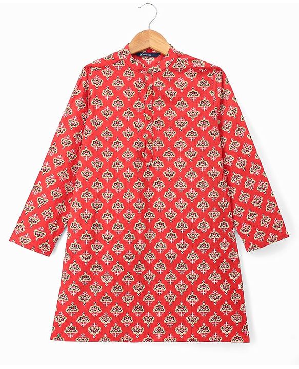 Pine Kids Cotton Woven Full Sleeves Kurta With Floral Print - Red
