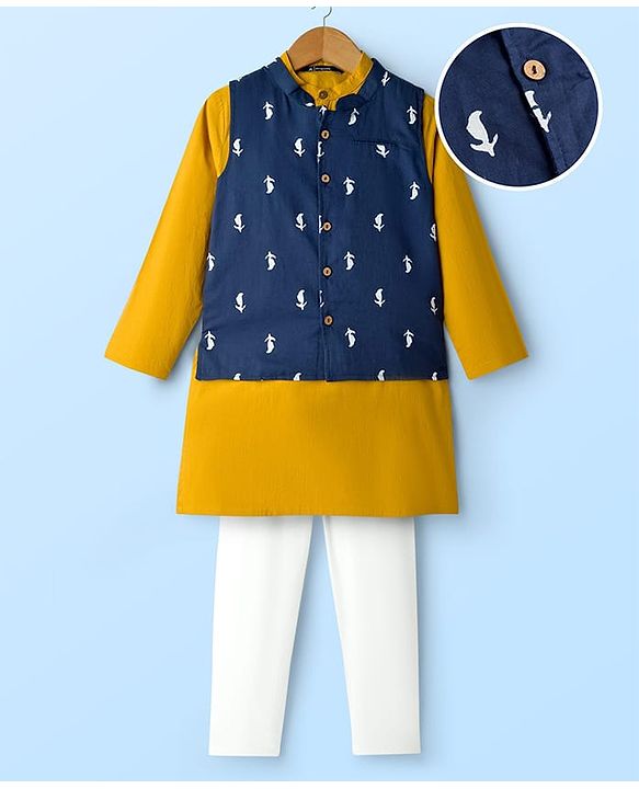 Pine Kids Cotton Woven Full Sleeves Kurta Pyjama Set and Floral Printed Jacket - Mustard