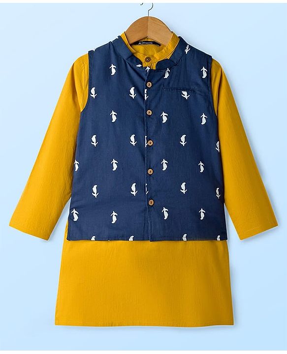 Pine Kids Cotton Woven Full Sleeves Kurta Pyjama Set and Floral Printed Jacket - Mustard