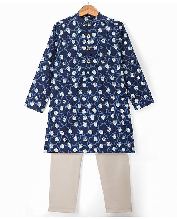 Pine Kids Cotton Woven Full Sleeves Printed Kurta Pyjama Set - Navy Blue