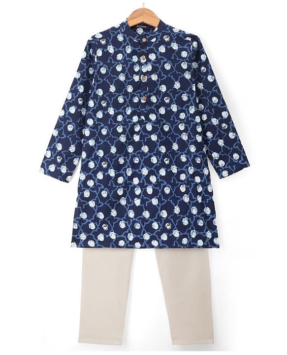 Pine Kids Cotton Woven Full Sleeves Printed Kurta Pyjama Set - Navy Blue