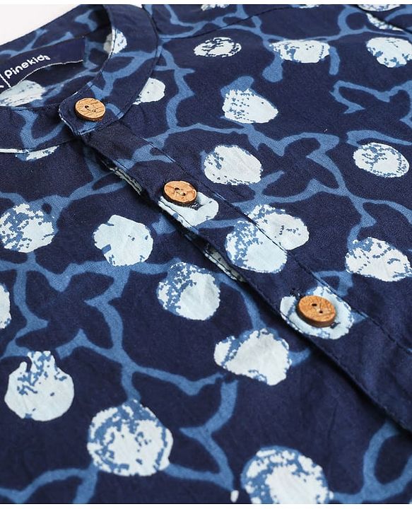 Pine Kids Cotton Woven Full Sleeves Printed Kurta Pyjama Set - Navy Blue