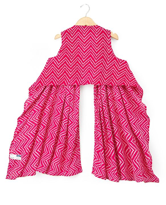 Pine Kids Rayon Woven Sleeveless Bandhani Printed Top Pant Set with Ethnic Jacket - Dark Pink