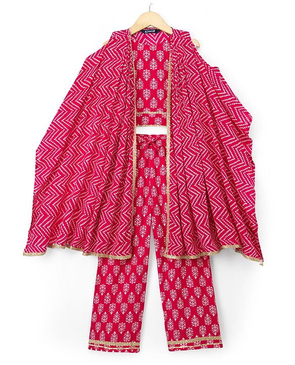 Pine Kids Rayon Woven Sleeveless Bandhani Printed Top Pant Set with Ethnic Jacket - Dark Pink