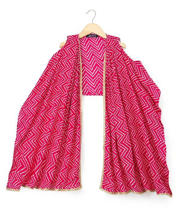Pine Kids Rayon Woven Sleeveless Bandhani Printed Top Pant Set with Ethnic Jacket - Dark Pink