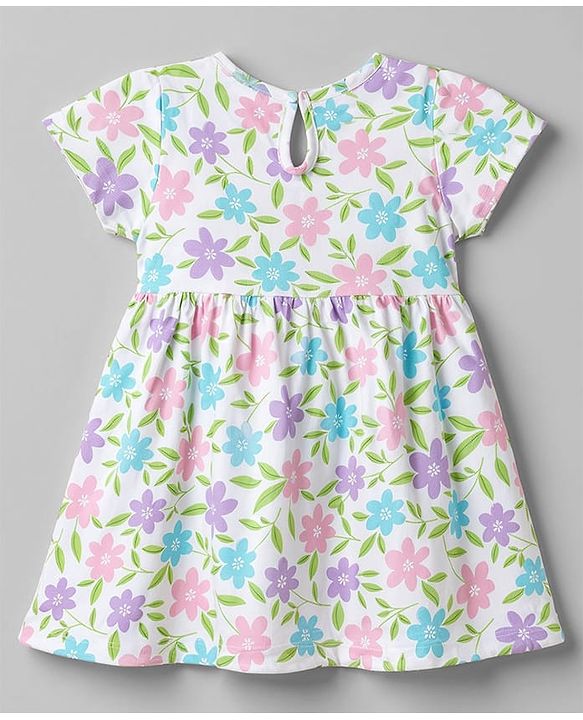 Babyhug Cotton Single Jersey Knit Half Sleeves Floral & Polka Dot Printed Frocks with Bow Applique Pack of 2 - White & Purple