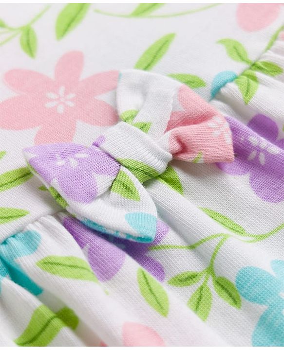 Babyhug Cotton Single Jersey Knit Half Sleeves Floral & Polka Dot Printed Frocks with Bow Applique Pack of 2 - White & Purple