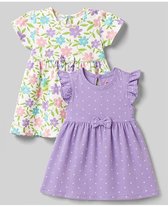 Babyhug Cotton Single Jersey Knit Half Sleeves Floral & Polka Dot Printed Frocks with Bow Applique Pack of 2 - White & Purple