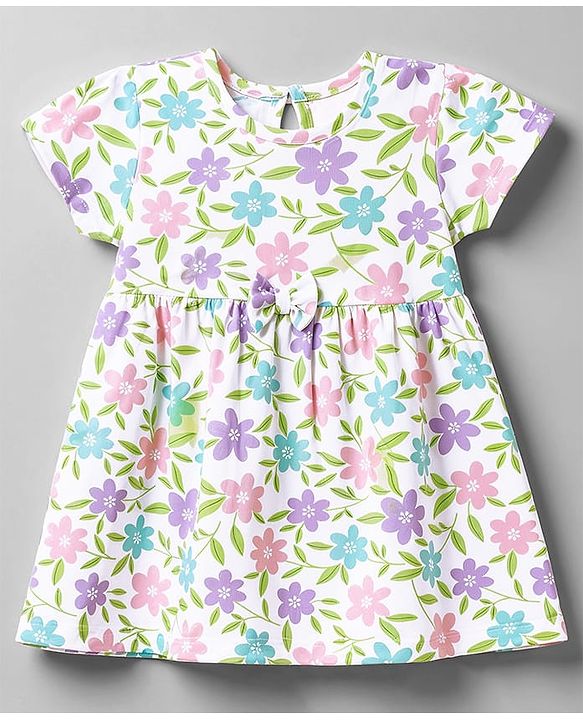 Babyhug Cotton Single Jersey Knit Half Sleeves Floral & Polka Dot Printed Frocks with Bow Applique Pack of 2 - White & Purple