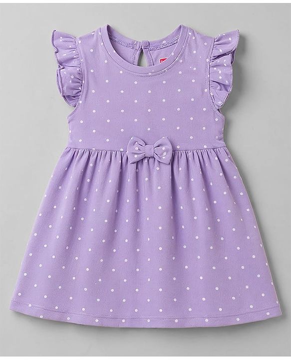 Babyhug Cotton Single Jersey Knit Half Sleeves Floral & Polka Dot Printed Frocks with Bow Applique Pack of 2 - White & Purple