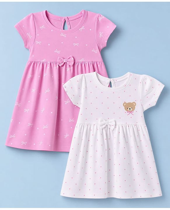 Babyhug Single Jersey Knit Half Sleeves Polka Dots & Bears Printed Frocks With Bow Applique Pack Of 2 - Pink & White