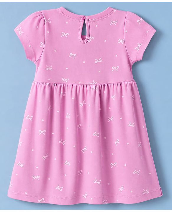 Babyhug Single Jersey Knit Half Sleeves Polka Dots & Bears Printed Frocks With Bow Applique Pack Of 2 - Pink & White