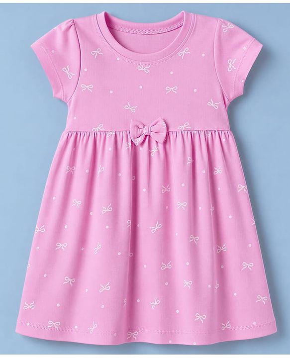 Babyhug Single Jersey Knit Half Sleeves Polka Dots & Bears Printed Frocks With Bow Applique Pack Of 2 - Pink & White