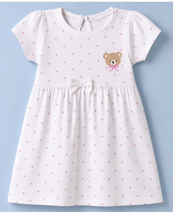 Babyhug Single Jersey Knit Half Sleeves Polka Dots & Bears Printed Frocks With Bow Applique Pack Of 2 - Pink & White