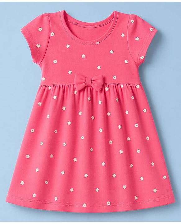 Babyhug Single Jersey Knit Half Sleeves Tropical Theme & Floral Printed Frocks With Bow Applique Pack Of 2 - White & Dark Pink