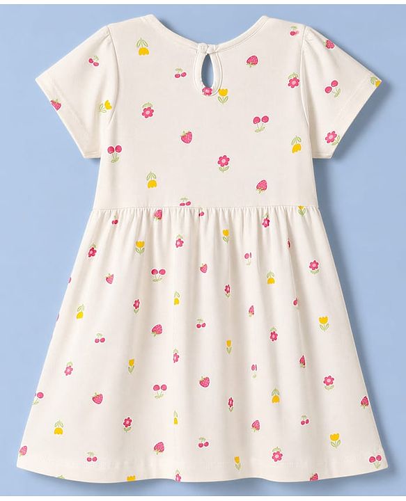 Babyhug Single Jersey Knit Half Sleeves Tropical Theme & Floral Printed Frocks With Bow Applique Pack Of 2 - White & Dark Pink
