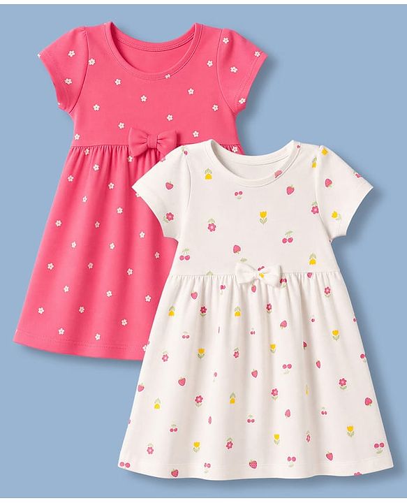 Babyhug Single Jersey Knit Half Sleeves Tropical Theme & Floral Printed Frocks With Bow Applique Pack Of 2 - White & Dark Pink