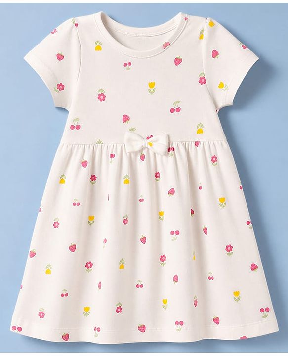 Babyhug Single Jersey Knit Half Sleeves Tropical Theme & Floral Printed Frocks With Bow Applique Pack Of 2 - White & Dark Pink