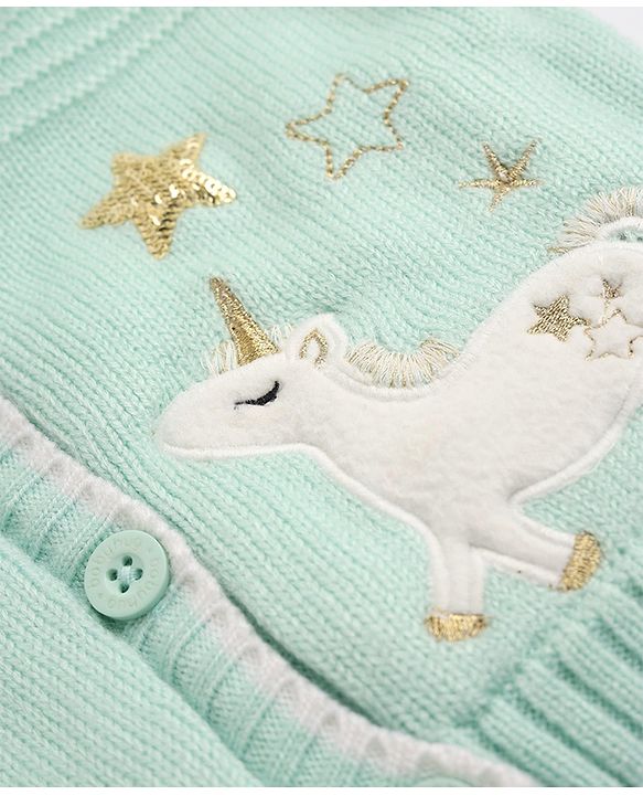 Babyhug Knit Full Sleeves Front Open Hooded Sweater with Unicorn Patch in Turquoise