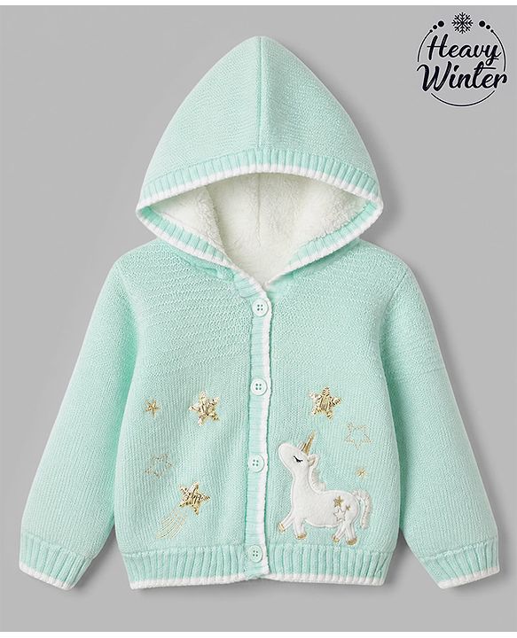 Babyhug Knit Full Sleeves Front Open Hooded Sweater with Unicorn Patch in Turquoise