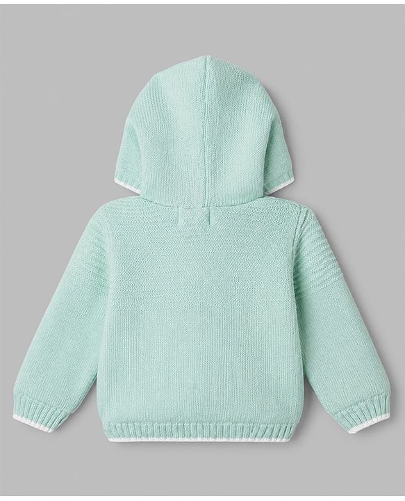 Babyhug Knit Full Sleeves Front Open Hooded Sweater with Unicorn Patch in Turquoise